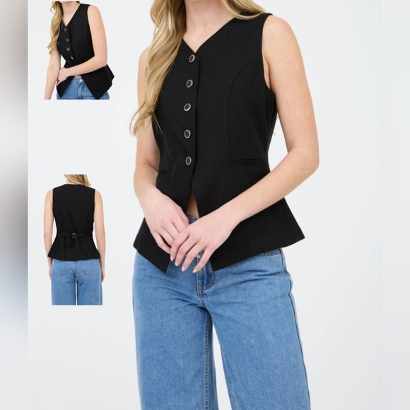 #543 SALE 🛑35 S,M,L Stylish Black Buttoned Linen Vest - Picture 1 of 8